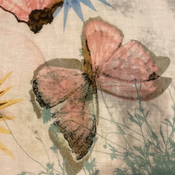 Pink, green, blue and yellow butterfly scarf with fringe on the ends. - Picture 4 of 9